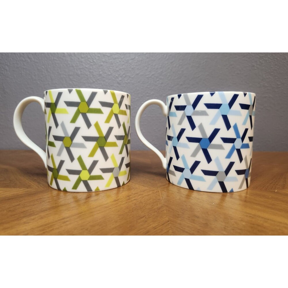 JONATHAN ADLER Blue & Green Geometric 2-Coffee Mugs  RARE